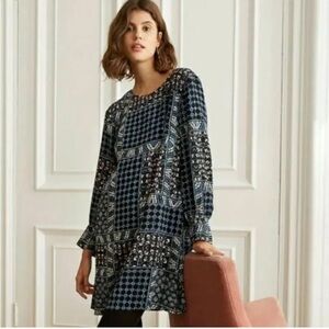 Ann Taylor Loft Patchwork Long Sleeve Swing Dress Mixed Print Spring